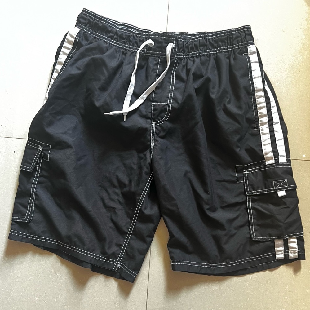 XL Kanu Surf Barracuda Swim Trunks Board Shorts Charcoal White Stripes Mint Cond